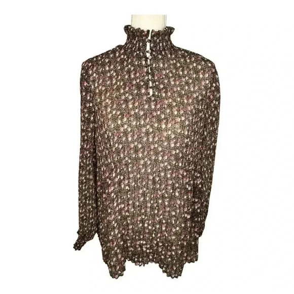 Cabi Size Medium‎ Knife Pleated Floral Bloom Button Mock Neck Balloon Sleeve Top - Picture 1 of 7